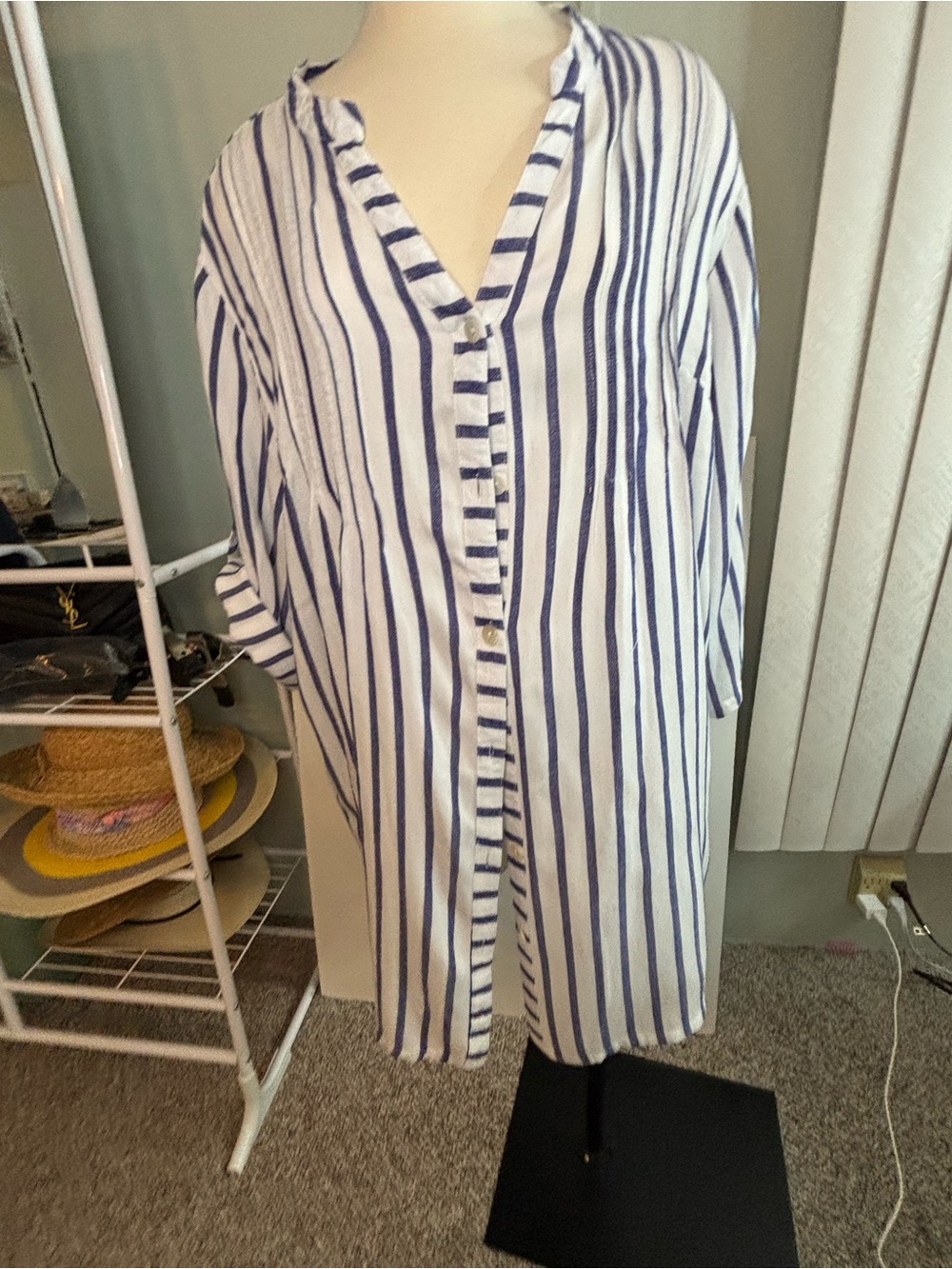 Women's White Button-Down Tunic with Navy Stripes